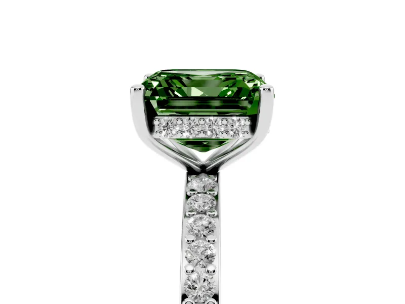 Fancy Green Asscher Cut Diamond Pavé Band Ring Set in Platinum with Prong-Set Center Stone