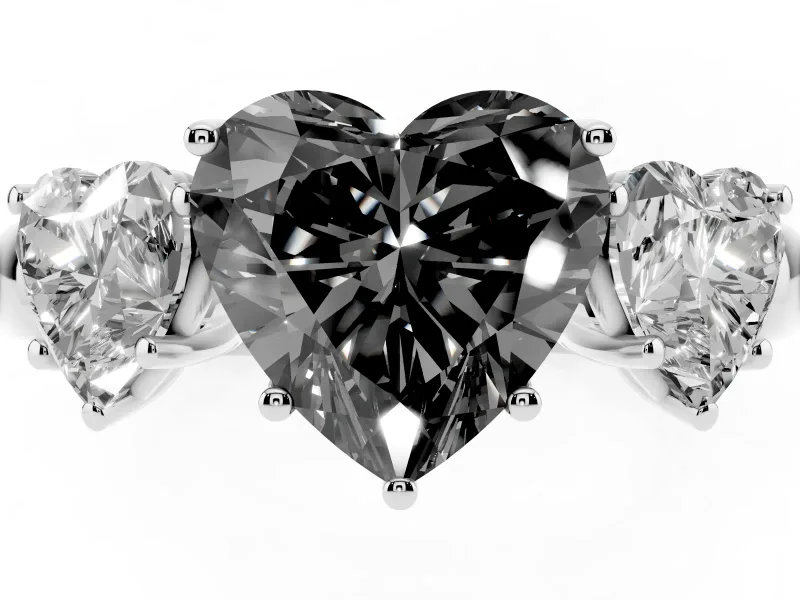 Fancy Black Heart Cut Diamond Three-Stone Ring Set in White gold with Bold Center and Classic Band