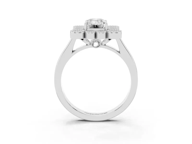 Emerald Cut Vintage Milgrain Bezel Cluster Halo Engagement Ring Setting | Plain Band | White Gold