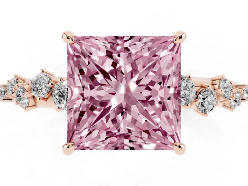 Fancy Pink Princess Cut Diamond Cluster Solitaire Ring Set in Rose gold with Prong Setting
