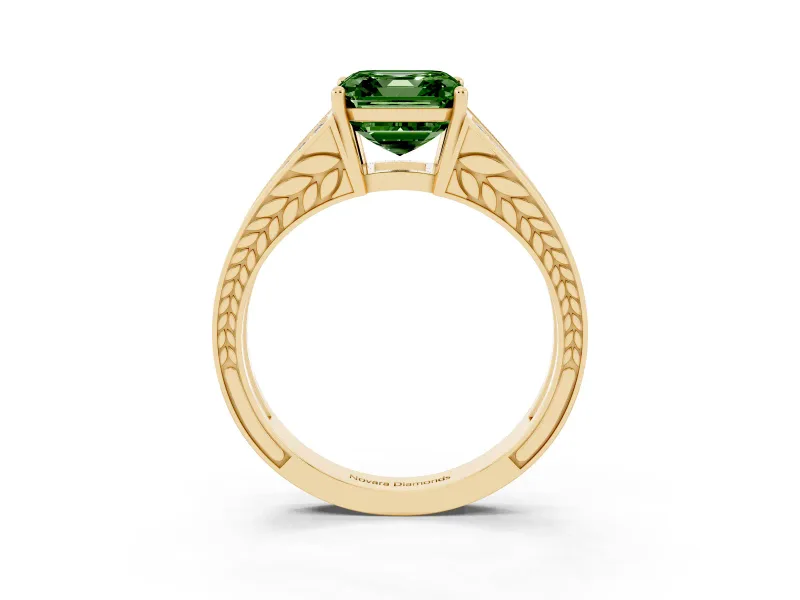 Fancy Green Asscher Cut Diamond Split Shank Ring Set in Yellow gold with Pavé Band and Prong Setting