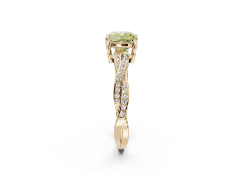 Cushion Cut Twisted Pavé Solitaire Engagement Ring Setting for a Fancy Yellow Lab-Grown Diamond | Yellow Gold