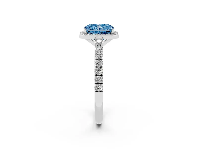 Radiant Cut Halo Pavé Engagement Ring Setting for a Fancy Blue Lab-Grown Diamond | White Gold