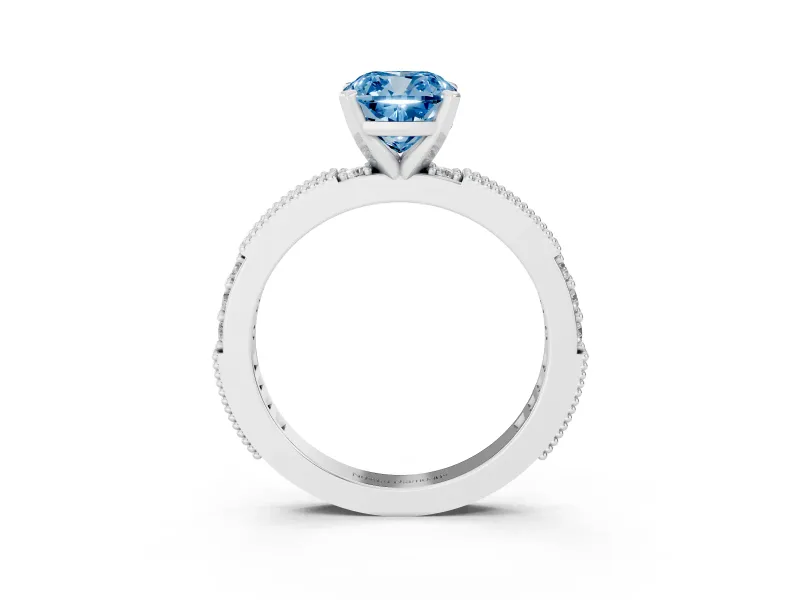 Fancy Blue Cushion Cut Diamond Solitaire Ring Set in Silver with Slim Pavé Band and Prong Setting