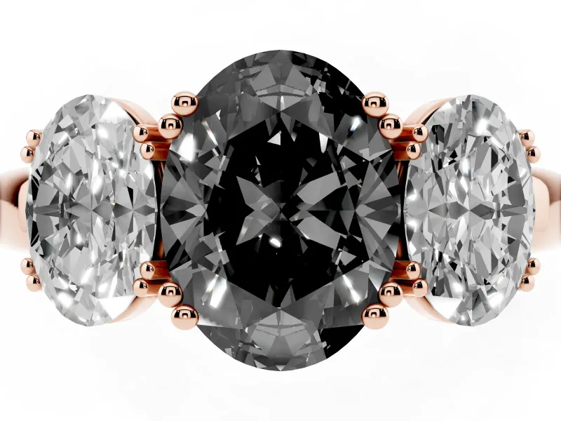 Fancy Black Oval Cut Diamond Three-Stone Ring Set in Rose gold with Polished Band and Prong Setting