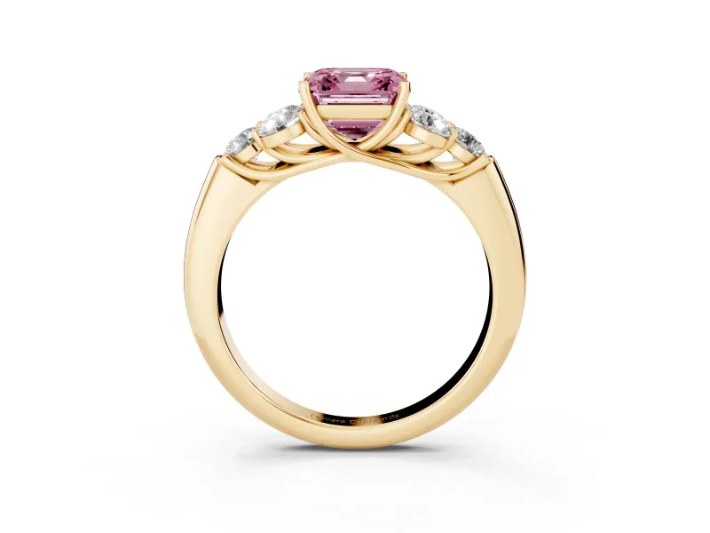 Fancy Pink Asscher Cut Diamond Cluster Ring Set in Yellow gold with Round Accent Stones and Prong Setting on a Plain Band