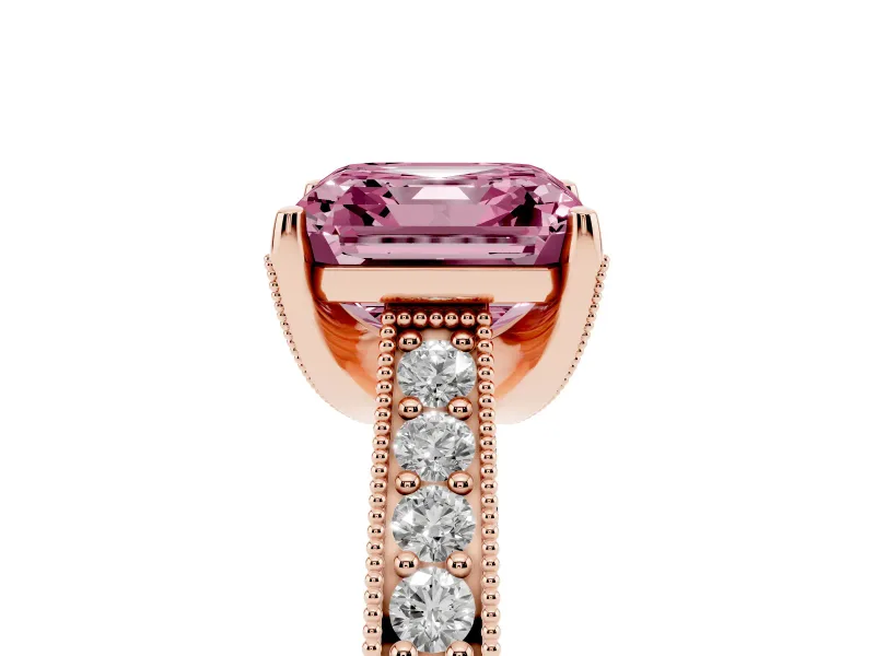 Asscher Cut Hidden Halo Engagement Ring Setting for a Fancy Pink Lab-Grown Diamond | Milgrain Pave | Rose Gold