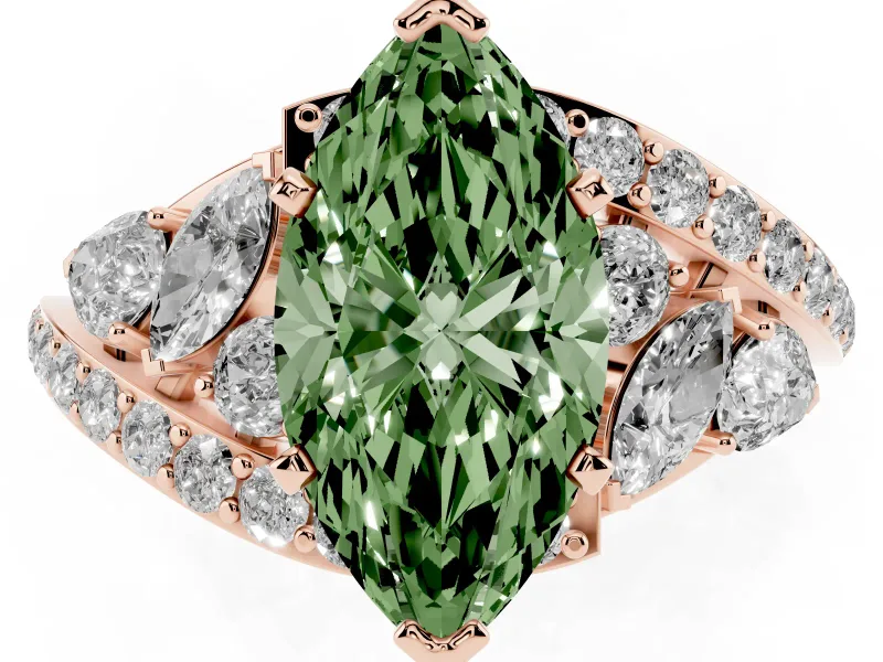 Fancy Green Marquise Cut Diamond Halo Ring Set in Rose gold with Marquise and Pavé Band in Prong Setting
