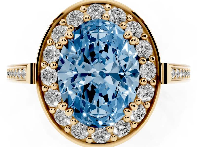 Oval Halo Engagement Ring Setting for a Fancy Blue Lab-Grown Diamond | Polished Halo Rim | Yellow Gold