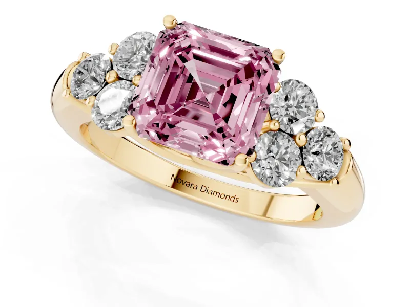 Asscher Cut Side Stone Engagement Ring Setting for a Fancy Pink Lab-Grown Diamond | Yellow Gold