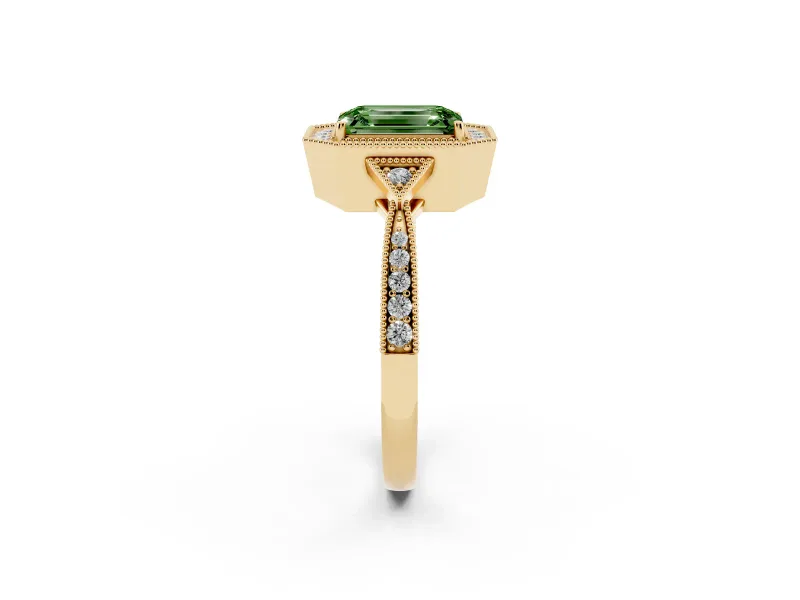 Fancy Green Emerald Cut Diamond Halo Engagement Ring Set in Yellow gold with Milgrain Pavé Band