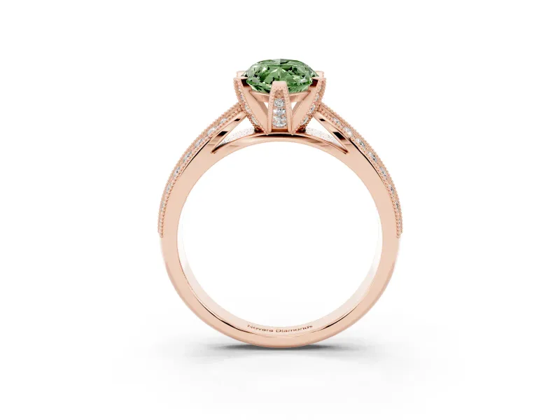 Fancy Green Marquise Cut Diamond Solitaire Ring Set in Rose gold with Milgrain Double Row Round Pavé Band