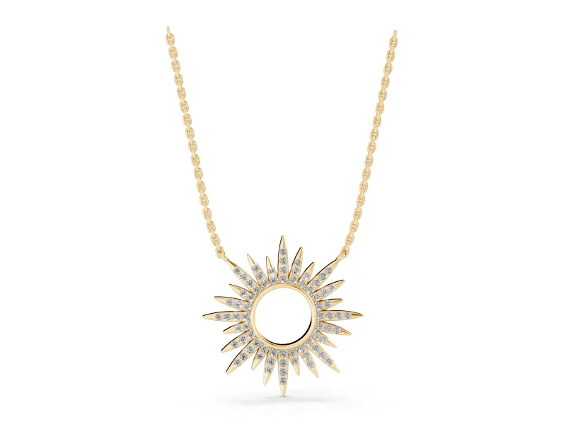 Round Lab-Grown Diamond Pavé Sunburst Pendant Necklace | Open Circle | Yellow Gold