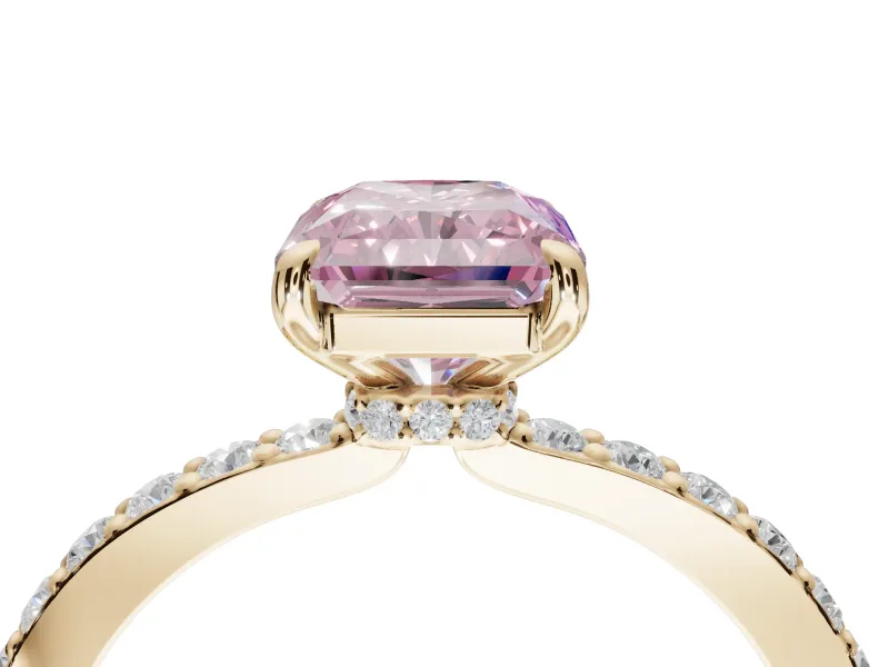Radiant Cut Hidden Halo Engagement Ring Setting for a Fancy Pink Lab-Grown Diamond | Pavé Band | Yellow Gold