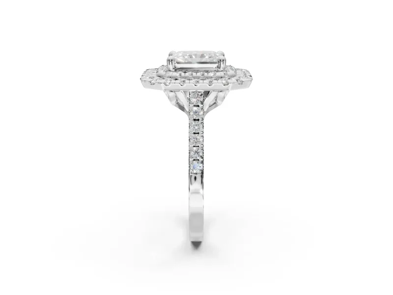 Radiant Cut Lab-Grown Diamond Double Halo Statement Ring Set in Platinum with Pavé Band