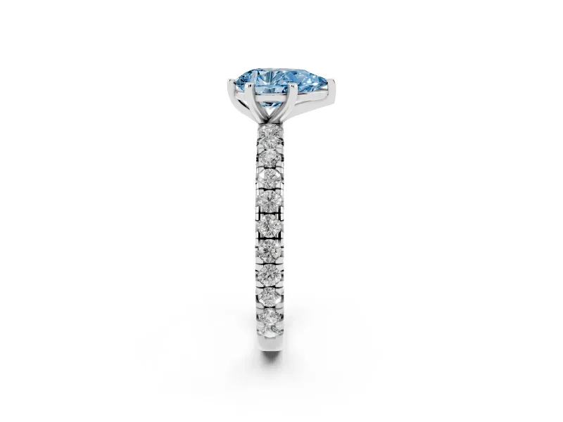 Fancy Blue Pear Cut Diamond Pavé Solitaire Ring Set in White gold with Round Band and Prong Setting