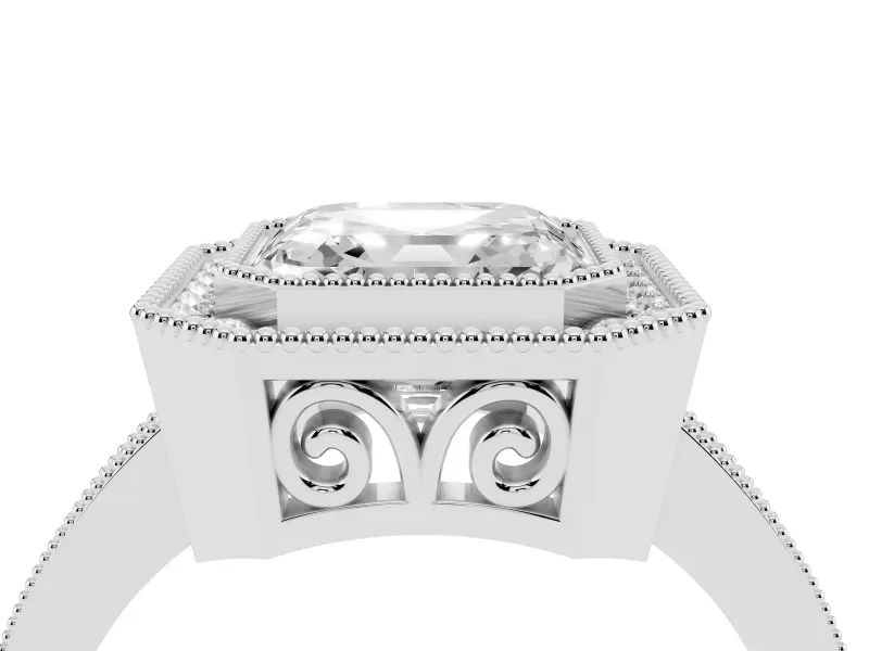 Asscher Cut Diamond Halo Ring Set in White gold with Pavé Band and Milgrain-Edged Prongs