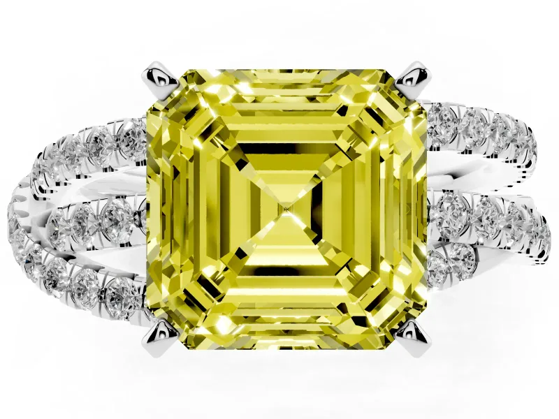 Fancy Yellow Asscher Cut Diamond Solitaire Twist Band Ring Set in Silver with Pavé Setting and Prong Head