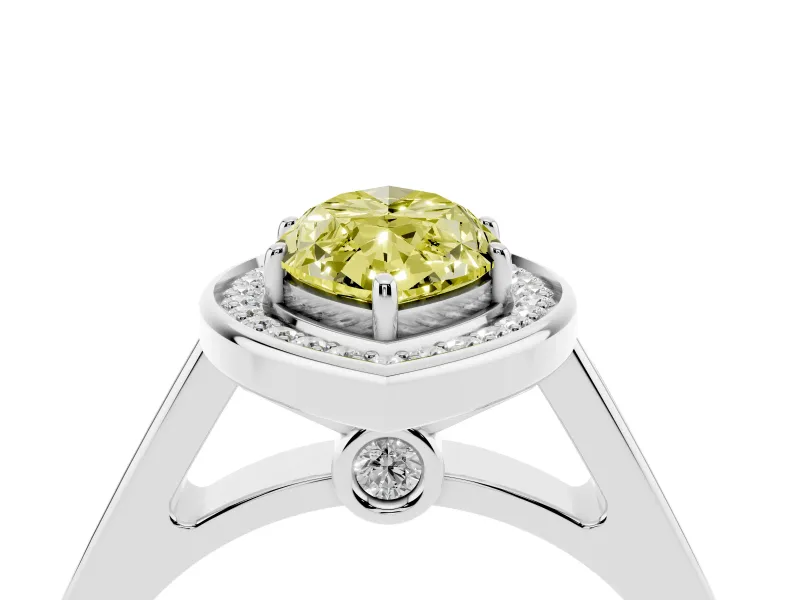 Fancy Yellow Marquise Cut Diamond Halo Solitaire Ring Set in White gold with Pavé Band and Bezel Setting