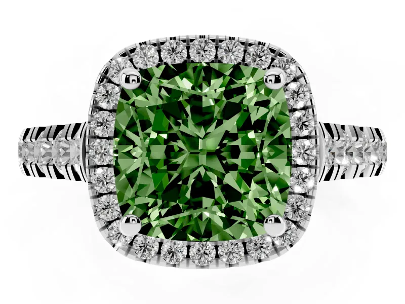 Cushion Cut Accented Halo Engagement Ring Setting for a Fancy Green Lab-Grown Diamond | Platinum