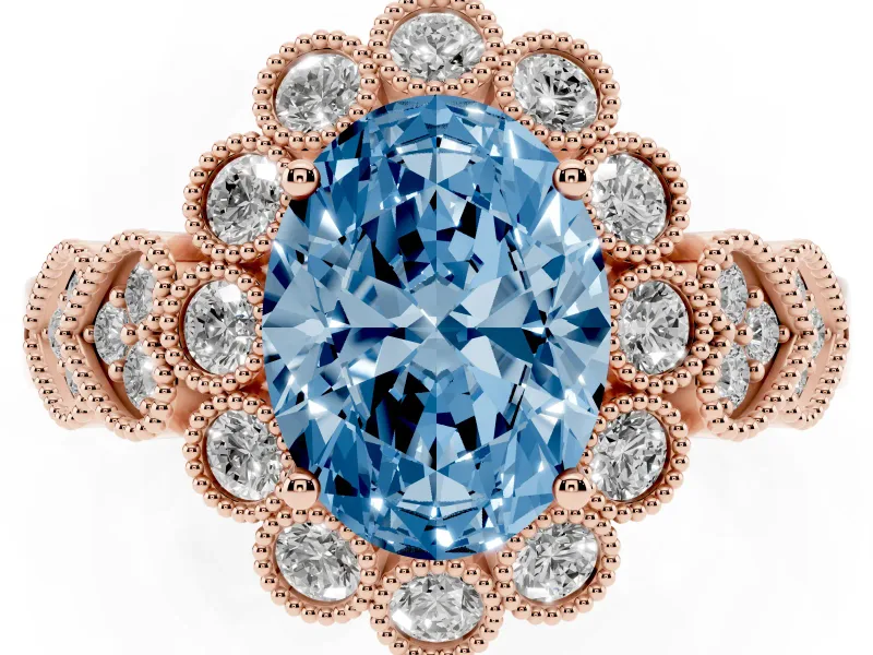 Oval Scalloped Halo Engagement Ring Setting for a Fancy Blue Lab-Grown Diamond | Heart Pavé Band | Rose Gold