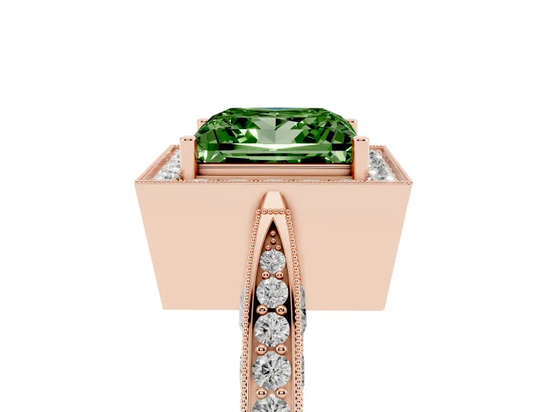 Princess Cut Milgrain Halo Engagement Ring Setting for a Fancy Green Lab-Grown Diamond | Side Stones | Rose Gold