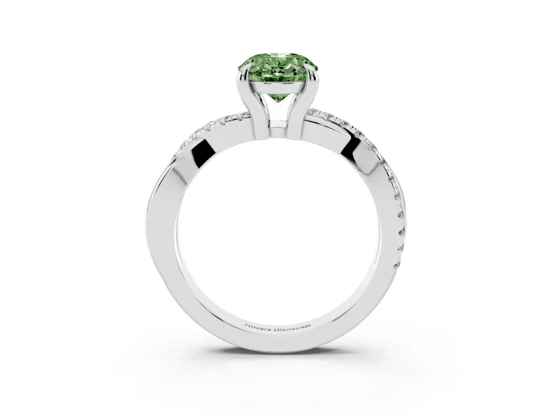 Fancy Green Oval Cut Diamond Twist Band Solitaire Set in White gold with Pavé Accents and Prong Setting