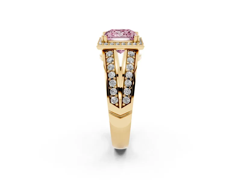 Princess Cut Halo Engagement Ring Setting for a Fancy Pink Lab-Grown Diamond | Two-Row Pave Split Shank | Yellow Gold
