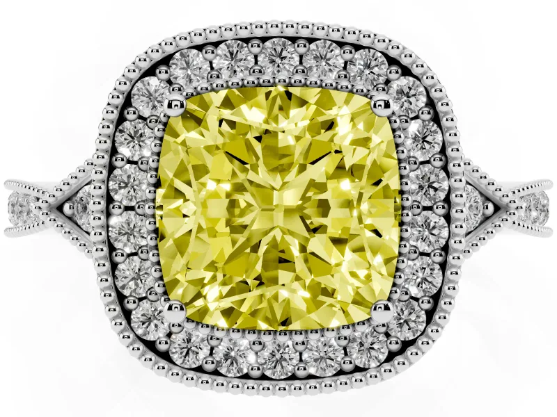 Fancy Yellow Cushion Cut Diamond Halo Engagement Ring Set in White gold with Milgrain Pavé Band