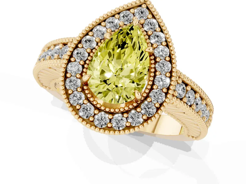 Fancy Yellow Pear Cut Diamond Halo Ring Set in Yellow gold with Round Accent Halo, Pavé Band and Prong Setting