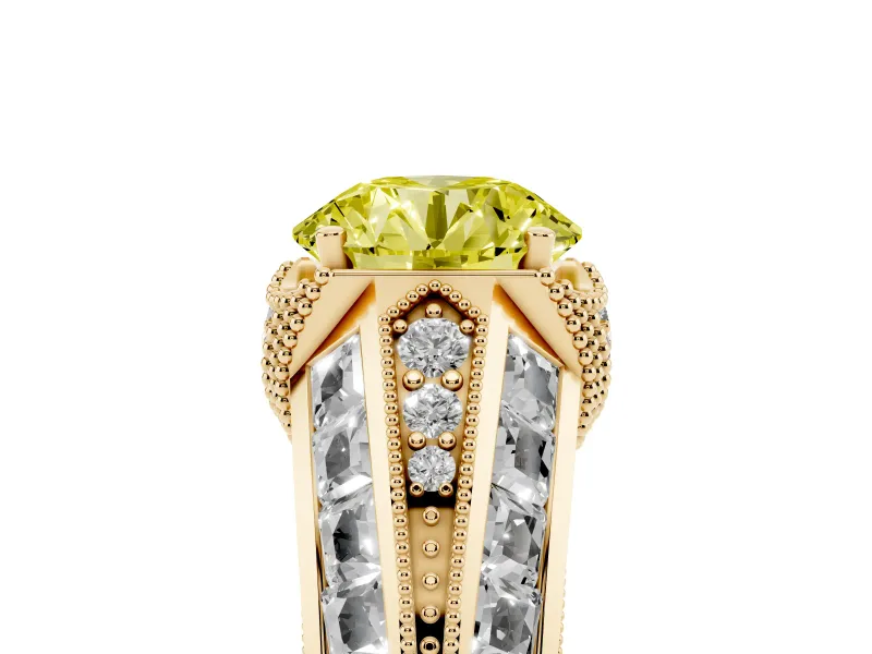 Fancy Yellow Round Cut Diamond Vintage-Inspired Milgrain Ring Set in Yellow gold with Accent Split Shank