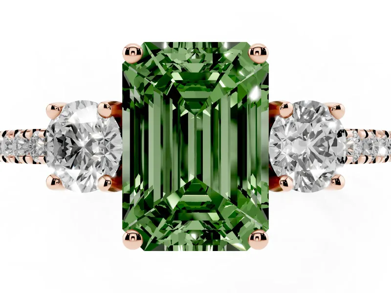 Emerald Cut Three Stone Engagement Ring Setting for a Fancy Green Lab-Grown Diamond | Pave Shoulders | Rose Gold