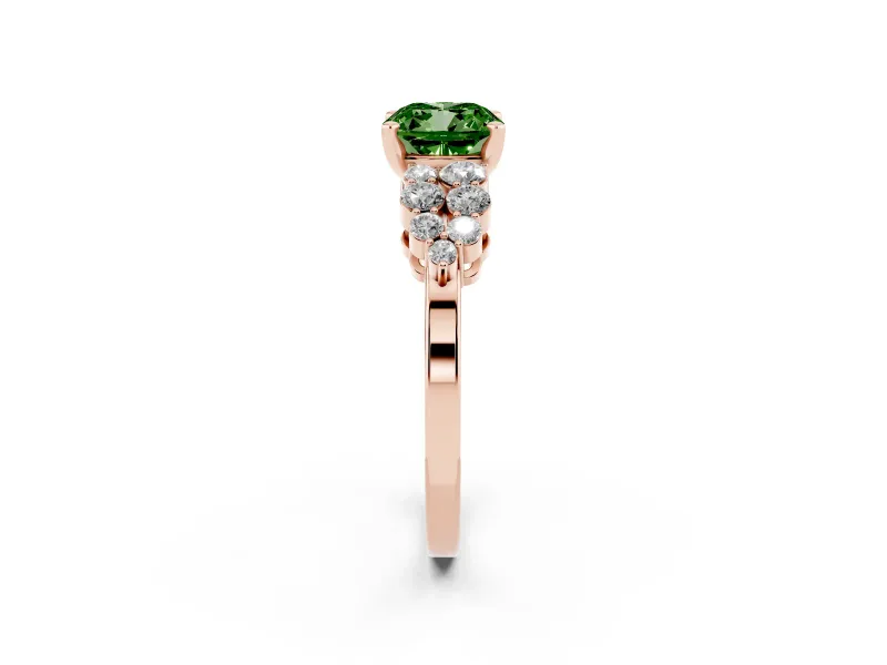 Cushion Cut Side Stone Engagement Ring Setting for a Fancy Green Lab-Grown Diamond | Shoulder Clusters | Rose Gold