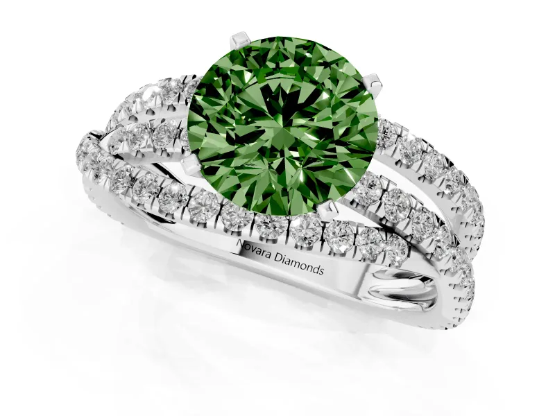 Fancy Green Round Cut Diamond Solitaire Twist Band Ring Set in White gold with Pavé Setting and Prong Head