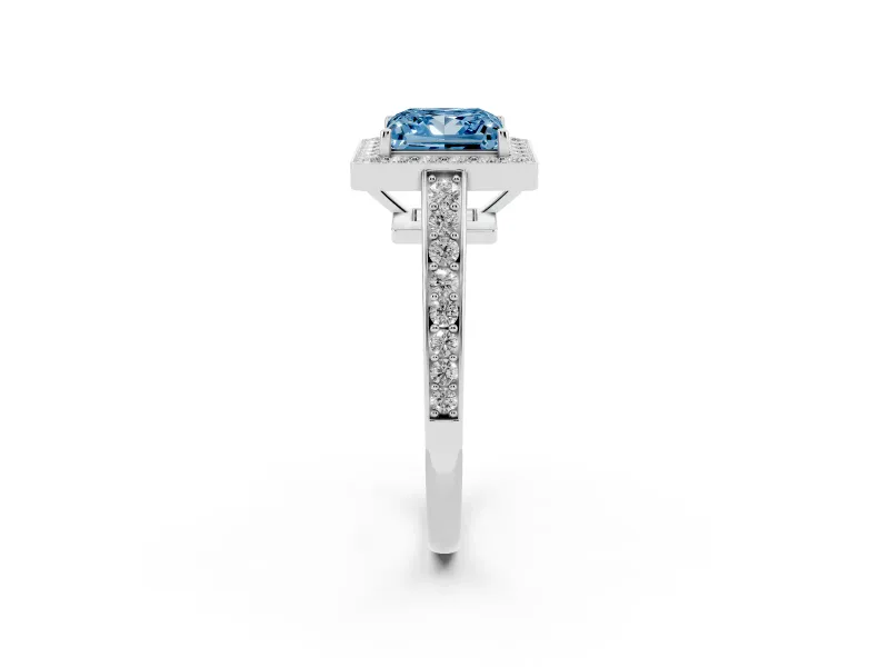 Fancy Blue Princess Cut Diamond Halo Pavé Engagement Ring Set in Silver with Bezel Setting