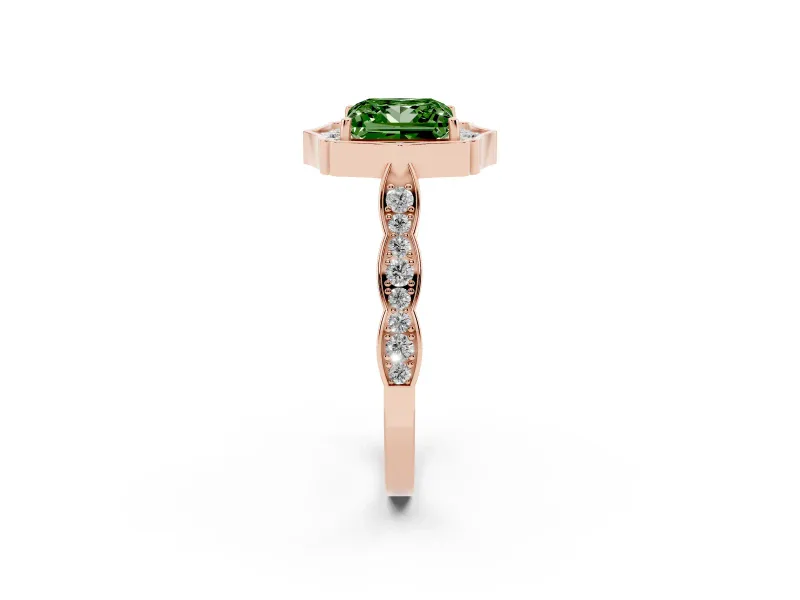 Princess Cut Vintage Scalloped Halo Engagement Ring Setting for a Fancy Green Lab-Grown Diamond | Pave Band | Rose Gold