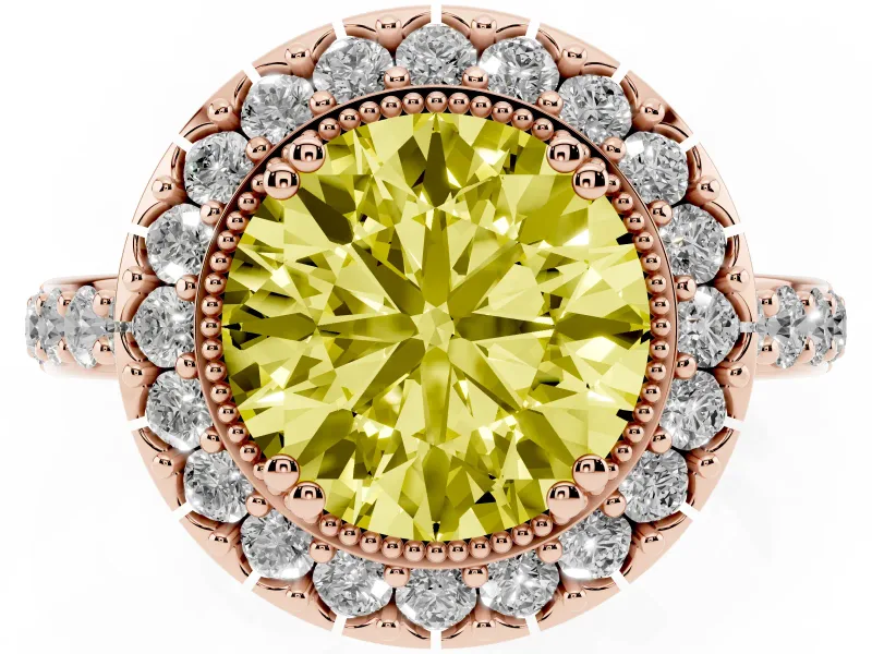 Round Vintage Milgrain Halo Engagement Ring Setting for a Fancy Yellow Lab-Grown Diamond | Pierced Gallery | Rose Gold