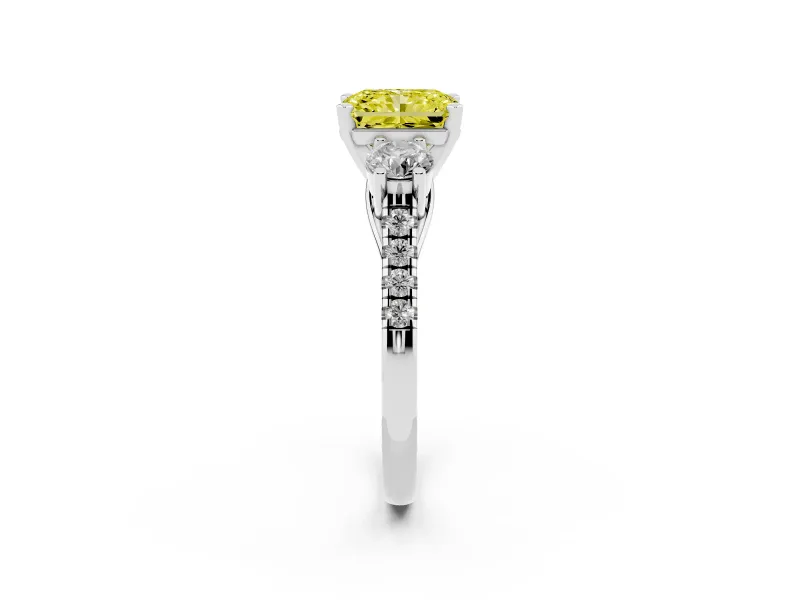 Fancy Yellow Three-Stone Radiant Cut Diamond Pavé Band Ring Set in Silver with Prong-Set Trio