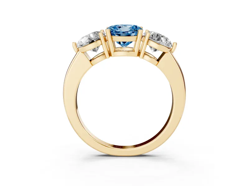 Round Three Stone Engagement Ring Setting for a Fancy Blue Lab-Grown Diamond | Large Round Side Stones | Yellow Gold