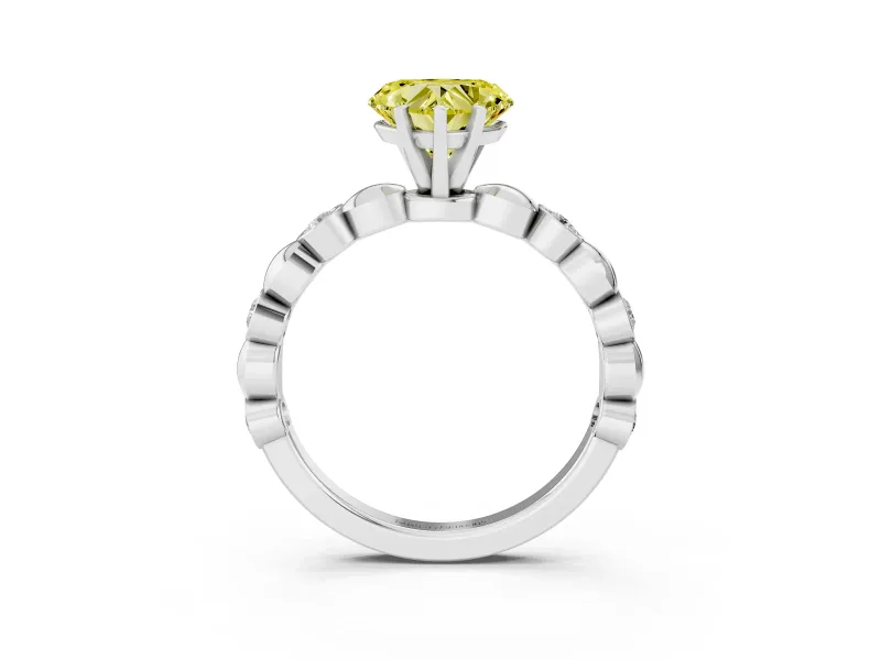 Fancy Yellow Heart Cut Diamond Solitaire Ring Set in Silver with Bezel-Set Accents on Beaded Band and Prong Setting