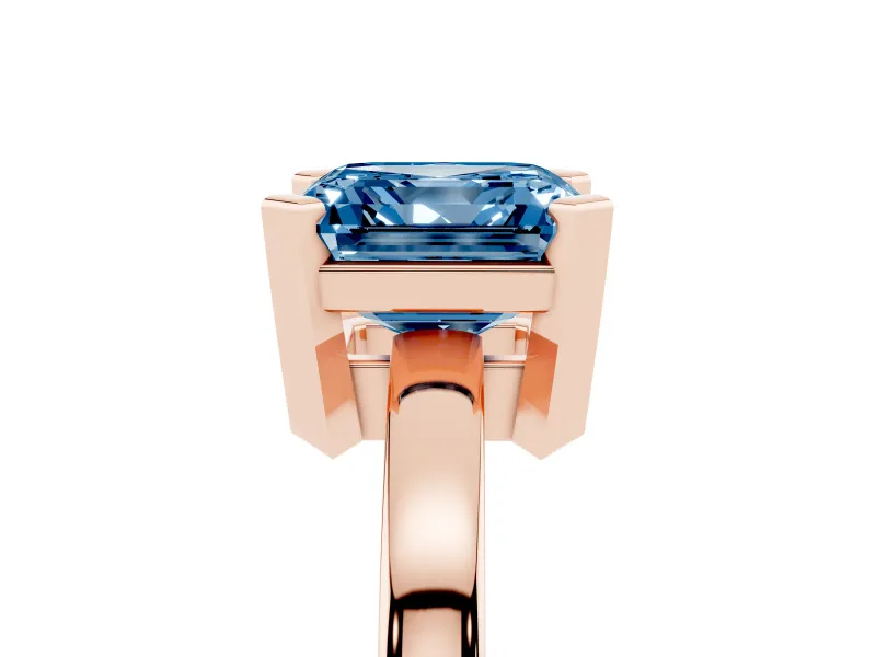 Fancy Blue Asscher Cut Diamond Solitaire Ring Set in Rose gold with Prong Head and Smooth Polished Band
