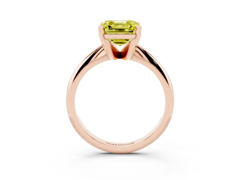 Fancy Yellow Asscher Cut Diamond Solitaire Ring Set in Rose gold with Prong Setting on a Plain Round Band