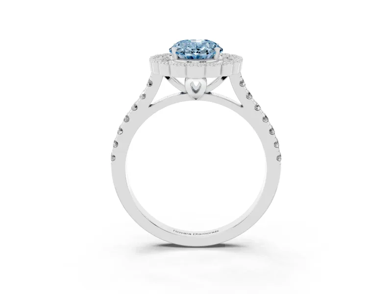 Fancy Blue Oval Cut Diamond Milgrain Floral Halo Engagement Ring Set in Silver with Pavé Band