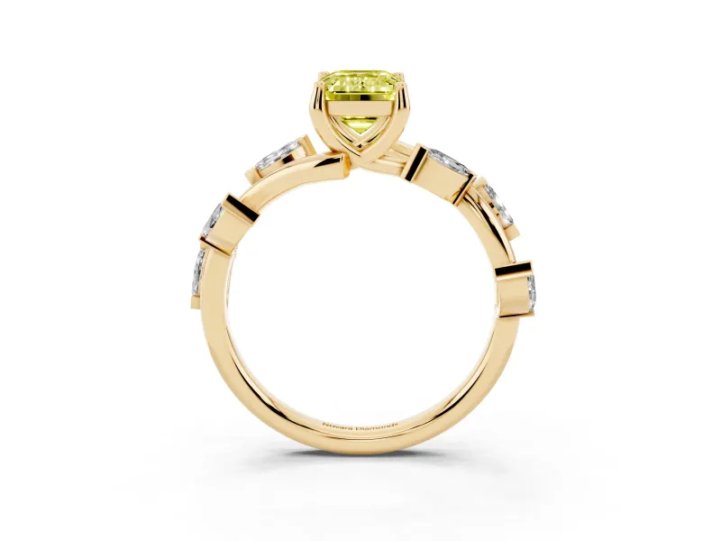 Fancy Yellow Emerald Cut Diamond Solitaire Ring Set in Yellow gold with Twisted Marquise Accent Band