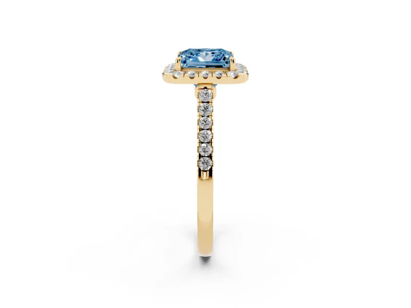 Princess Cut Halo Engagement Ring Setting for a Fancy Blue Lab-Grown Diamond | Pave Shoulders | Yellow Gold