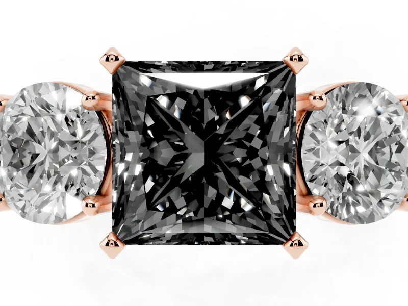 Princess Cut Three Stone Engagement Ring Setting for a Black Center | Round Side Stones | Rose Gold