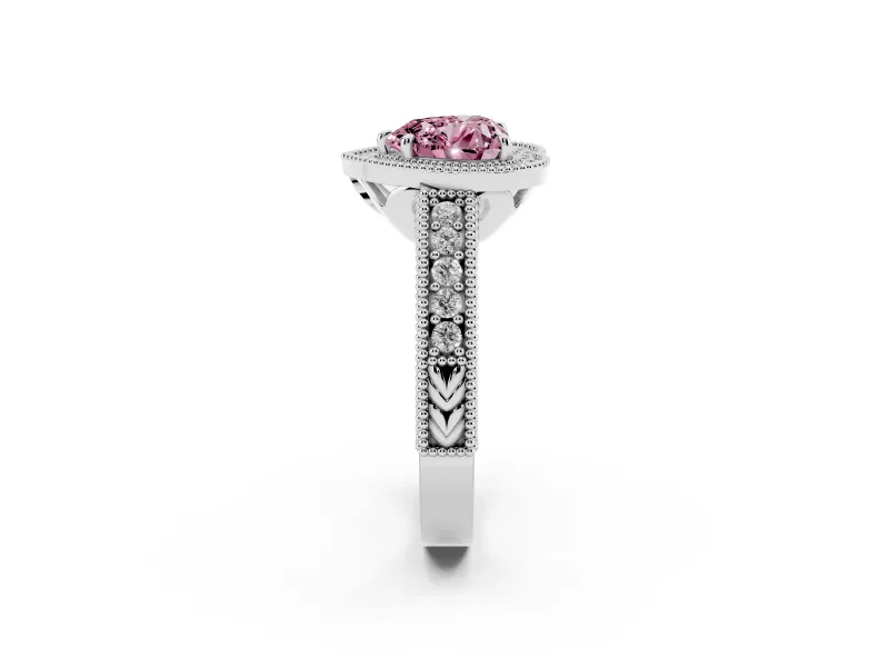 Fancy Pink Heart Cut Diamond Halo Ring Set in White gold with Round Accent Halo, Pavé Band and Prong Setting