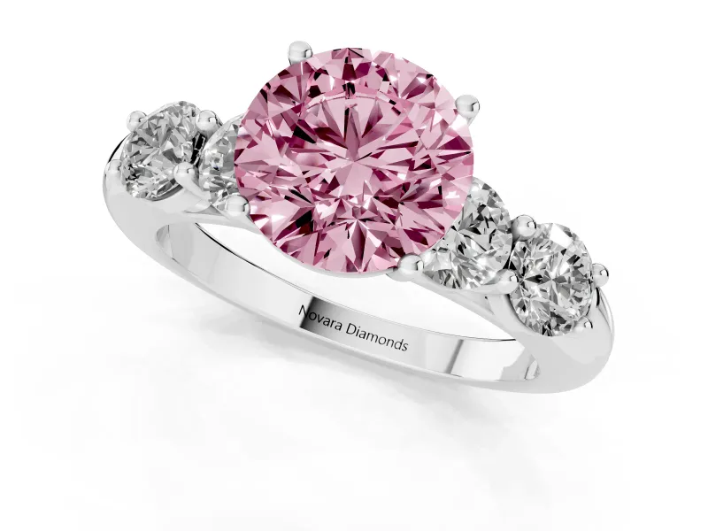 Round Five Stone Engagement Ring Setting for a Fancy Pink Lab-Grown Diamond | Prong Set Side Stones | Sterling Silver