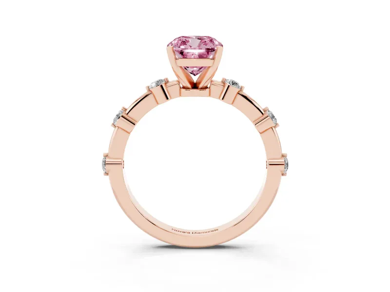Fancy Pink Cushion Cut Diamond Solitaire Ring Set in Rose gold with Bezel Set Side Stones and Prong Setting