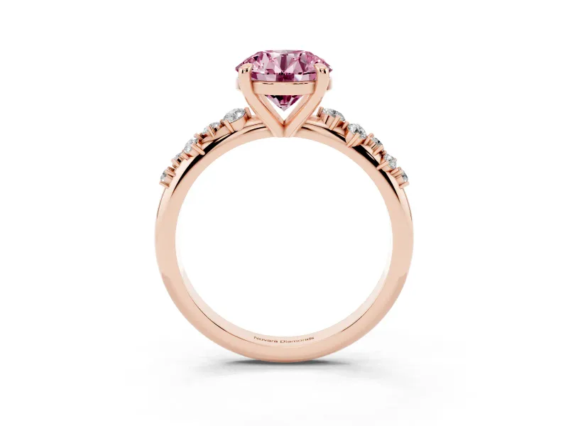 Fancy Pink Round Cut Diamond Solitaire Vine Band Ring Set in Rose gold with Round Accents and Prong Setting